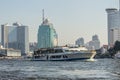 Boat cruise restaurant on the Chao Phraya river cruising tour. The tourist cruise boat take visitors for sightseeing tour in Bangk