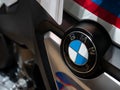 Bangkok, Thailand - December 2, 2018: Close up of a BMW logo on a BMW F850 motorcycle tank at Car Showroom in Bangkok, Thailand