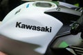 Bangkok, Thailand - December 2, 2018: Close up of a Kawasaki logo on motorcycle tank at Car Showroom in Bangkok, Thailand