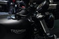 Bangkok, Thailand - December 2, 2018: Close up of a Triumph logo on a motorcycle tank at Car Showroom in Bangkok, Thailand