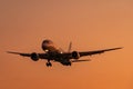 Commercial airline. Passenger plane landing at airport with beautiful sunset sky and clouds. Arrival flight. Airplane flying for l Royalty Free Stock Photo