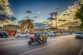 The giant swing (Sao Ching Cha) with movement tuktuk and traffic jam in Bangkok, Thailand Royalty Free Stock Photo