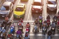 High angle view of many motorcyclists and cars stuck on junction road during rush hour Royalty Free Stock Photo