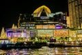 Bangkok, Thailand - December 25, 2019: Nighttime scenes along the Chao Phraya River in Bangkok