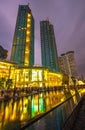 Bangkok,Thailand on December 29,2018:Twilight scene at River Park of ICONSIAM,the new shopping complex on the riverbank of Chao Ph
