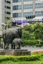 Elephants sculpture in the middle of the square as decorative elements. Walking around Bangkok.