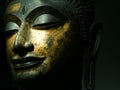 Bangkok, Thailand - Feb 23, 2019: Close up Thai Ancient Solid Head of Buddha, antique bronze Buddha face of Wat Phra Si Sanphet