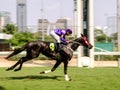 Bangkok, Thailand - Feb 24, 2019: jockey and race horse in action, speeding fast motion blur