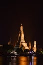 Bangkok,Thailand-February 14,2022;Landmark of Thailand,Wat Arun view at night on riverside of Chao Phraya river.