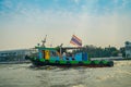 BANGKOK, THAILAND - FEBRUARY 09, 2018: Outdoor view of colorful huge boat sailing at yai canal or Khlong Bang Luang