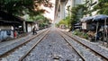 BANGKOK, THAILAND - FEBRUARY 15, 2018: Rail road of the traditional Thai trains in the evening