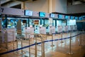 Bangkok, Thailand :February 13, 2020 - Row of vacancy check-in counters for issuing flight tickets. Crisis of tourism industry