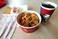 Bangkok, Thailand - February 23, 2018 Spicy Chicken Rice Bowl, French Fries, Pepsi, KFC, Food set