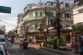 Bangkok, Thailand - February 14 2019 : Tuktuk on the china town street. Twisted electrical wires on the streets