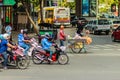 Bangkok, Thailand - February 22, 2017: Unidentified street hawker pushing a mobile kitchen cart during traffic jam in Bangkok, Th Royalty Free Stock Photo