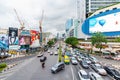 BANGKOK, THAILAND - 1.11.2019: Heavy traffic in the Bangkok city. Evening traffic peak and jam in rush hour. Pollution by cars and Royalty Free Stock Photo