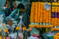 Interior of the market of flowers and fruits. Professions of local people.