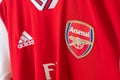 Bangkok, Thailand - Jan 18, 2022 : Arsenal logo on Arsenal shirt home jersey season 2019-2020 Royalty Free Stock Photo