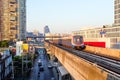 Bangkok, Thailand - January 04 2020: BTS or Bangkok skytrain drive through the Office building or Residence at Bang Na station in