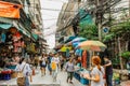 Bangkok, Thailand - January 17,2020.Busy morning in Chinatown,shopping people,market stalls,vendors with souvenirs.Thai crowded