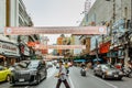 Bangkok, Thailand - January 17,2020.Busy street in Chinatown.Morning traffic at Yaowarat Road,motion blur people.Thai crowded Royalty Free Stock Photo