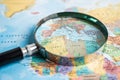 Bangkok, Thailand January 20, 2022 Europe Magnifying glass on world map, travel, geography, tourism and exploration concept Royalty Free Stock Photo