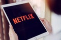 Bangkok, Thailand - January 31, 2018 : Netflix app on tablet screen. Netflix is an international leading subscription service. Royalty Free Stock Photo