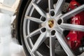 Bangkok, Thailand, January 5, 2020: original Porsche wheel with low-profile tire close-up Royalty Free Stock Photo