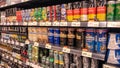 Bangkok, Thailand - January 14 - 2018: Shelf of beverage, domestic and imported beer cans and bottles at Super maket in Thailand