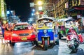 BANGKOK, THAILAND - 19 JANUARY 2015: street life and traffic with tuk-tuk rickshaw taxi near Khao San Road the beating heart of Royalty Free Stock Photo