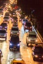 Bangkok, Thailand - January 30, 2017: View of Traffic jam at night in Sathorn Road, Sathorn district, Bangkok, Thailand. Royalty Free Stock Photo