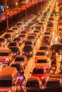 Bangkok, Thailand - January 30, 2017: View of Traffic jam at night in Sathorn Road, Sathorn district, Bangkok, Thailand. Royalty Free Stock Photo