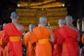 BANGKOK, THAILAND -11 JUL 2014 thai monks stand in the hall for