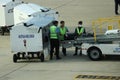 Bangkok, Thailand on July 9, 2023. Loading process into the Unit Load Device of AOTGA at Don mueang International Airport Royalty Free Stock Photo