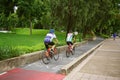 BANGKOK,THAILAND-JULY 23 2019:Cycling sport athlete man and women biking mountain bike and off road bike in park at BANGKOK ,