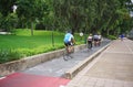 BANGKOK,THAILAND-JULY 23 2019:Cycling sport athlete man and women biking mountain bike and off road bike in park at BANGKOK ,