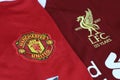 BANGKOK, THAILAND - JULY 12, : The Logo of Liverpool and Manchester United on Football Jerseys on July 12,2017 in Bangkok