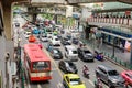 Bangkok, Thailand - July 07 2019: Many car cause traffic jams at Rama I Road. Under Bangkok skytrain BTS at Siam Station.