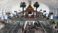 BANGKOK, THAILAND - 16 JULY, 2019: Oriental structure in airport. Traditional Thai construction mounted on glass platforms inside