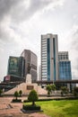 Plaza with Monument of King Rama VI near Sala Daeng Intersection, Thai - Japanese Flyover. vertical shot