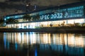 Queen Sirikit National Convention Center QSNCC building with APEC 2022 Sign, in the evening hours