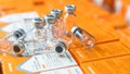 Sinovac vaccine, Coronavac vaccination for covid-19 coronavirus protection in bottle with chinese label