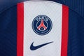 View of PSG Paris Saint Germain Football Club Crest on the Jersey