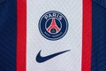 View of PSG Paris Saint Germain Football Club Crest on the Jersey