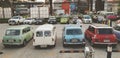 Classic mini cooper parked on street with in vintage tone. Royalty Free Stock Photo