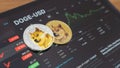 Dogecoin Doge coin cryptocurrency, digital crypto currency tokens for defi decentralized financial banking p2p global investment Royalty Free Stock Photo