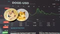 Dogecoin Doge coin cryptocurrency, digital crypto currency tokens for defi decentralized financial banking p2p global investment Royalty Free Stock Photo