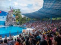 BANGKOK,THAILAND - JUNE 16,2018:The Dolphins show at Safari world.The most intelligent skill and tricks show.Safari World is the b