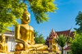 Bangkok, Thailand-June, 19, 2021 : Golden sitting Buddha statue in green tropical trees leaves frame with selective focus at Royalty Free Stock Photo