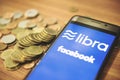 Libra coin blockchain concept / New project libra a cryptocurrency launched by Facebook looks to mainstream digital currency